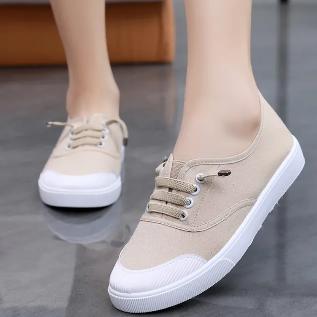 Womens Versatile White Canvas Shoes Student friendly Flat soled Sneakers Khaki - Shop at LoveMi