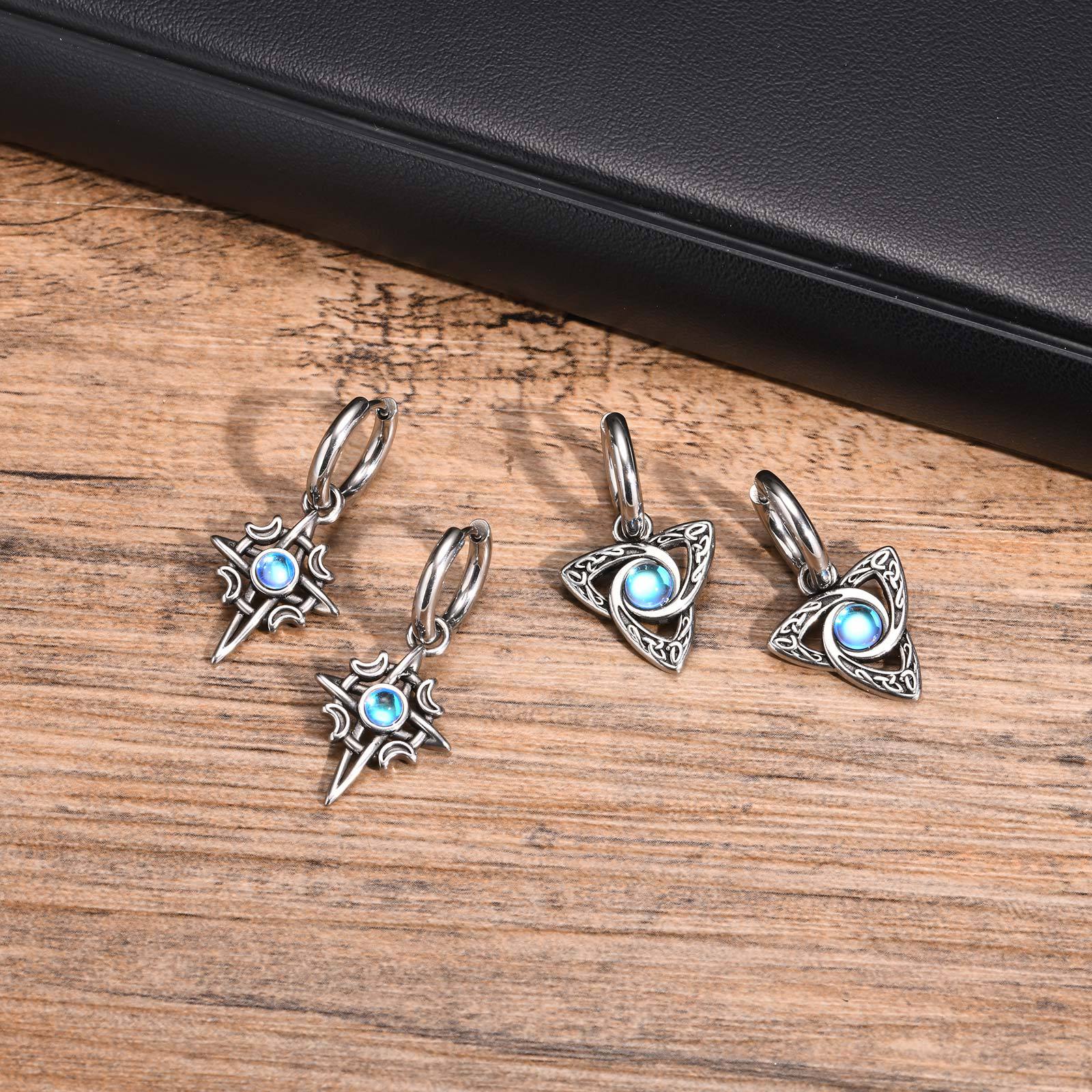Stainless Steel Moon Four Eight-pointed Stars Moonstone Earrings