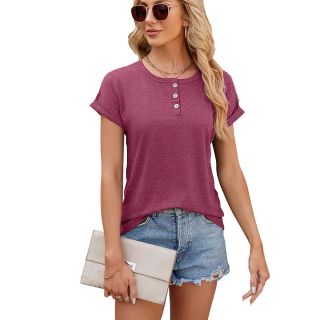 Women's Summer Solid Color Round Neck Button Loose T shirt Wine - Shop at LoveMi