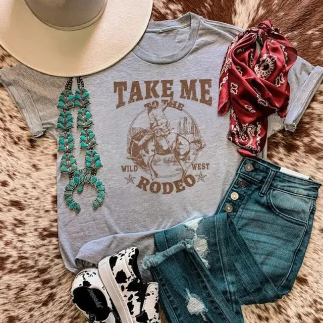 Denim Pattern Women's Retro Country Music T shirt Gray - Shop at LoveMi