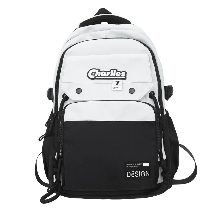 Large Capacity Men's Contrast Color Double Fashion Cool College Student Couple Backpack - Black