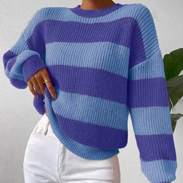 Women's Striped Sweater Loose Long Sleeve Pullover Blue - Shop at LoveMi