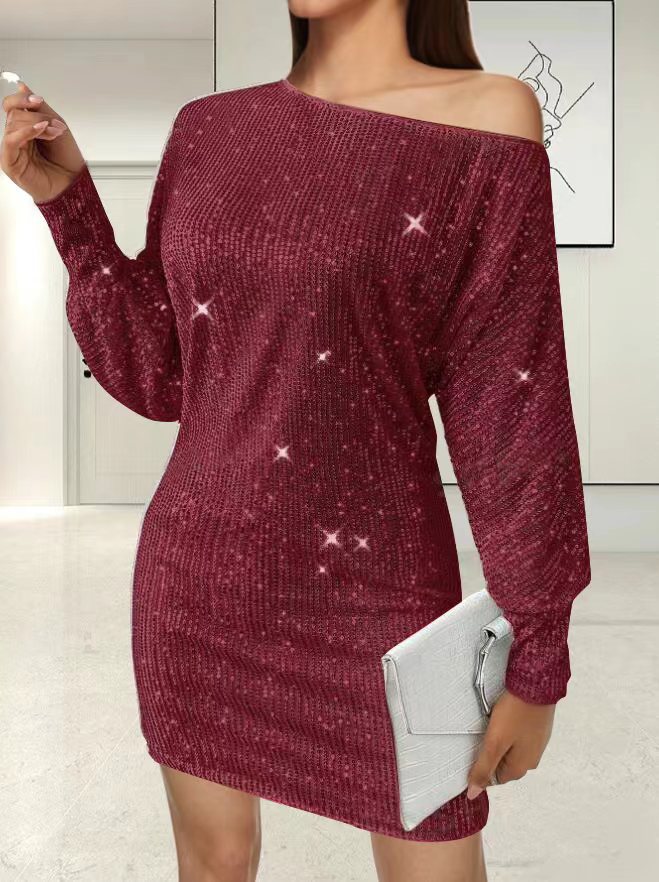 Sexy Sequin Long Sleeve Dress With Asymmetric Hem And One Shoulder Wine Red - Shop at LoveMi