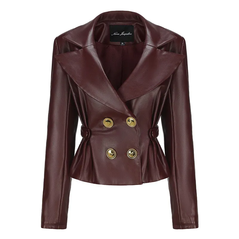 Wine Red Short Jacket Pleated Skirt Suit - Wine Red Jacket