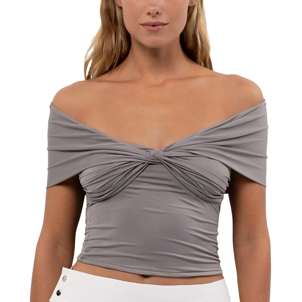Solid Color Sleeve Off-shoulder Pleated Tight Cropped Top - Gray