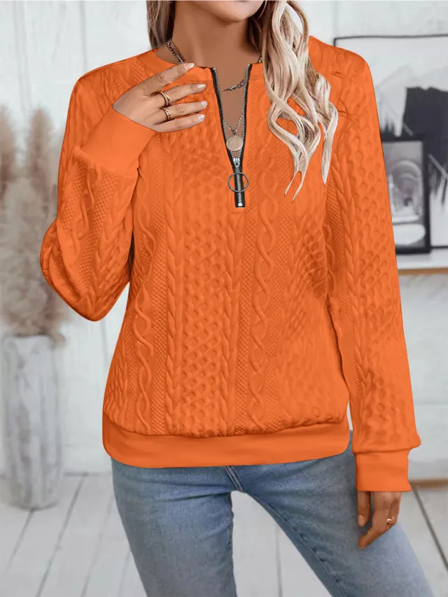 Casual Neckline Long sleeve Zipper Sweaters Women's Clothing Orange - Shop at LoveMi