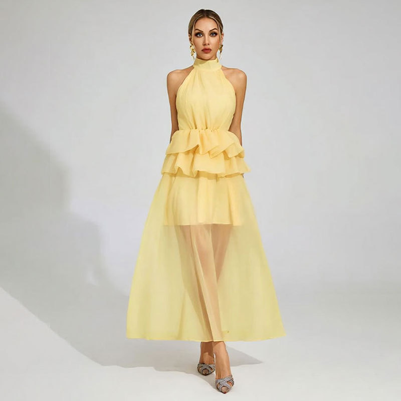 Flowy Ruffled Wedding Dress With A Halter Neckline