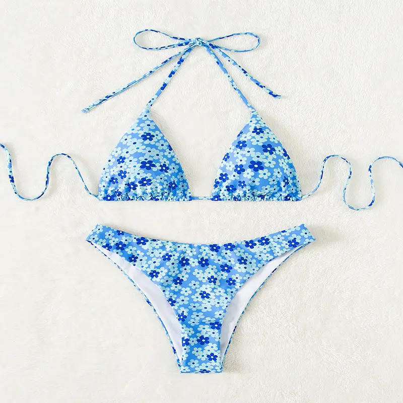 Women's Swimsuit Blue Printed Lace Up Split