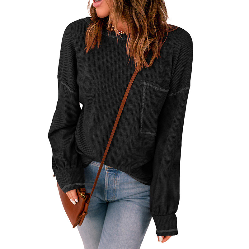 Solid Color Pocket Round Neck Knitted Top For Women