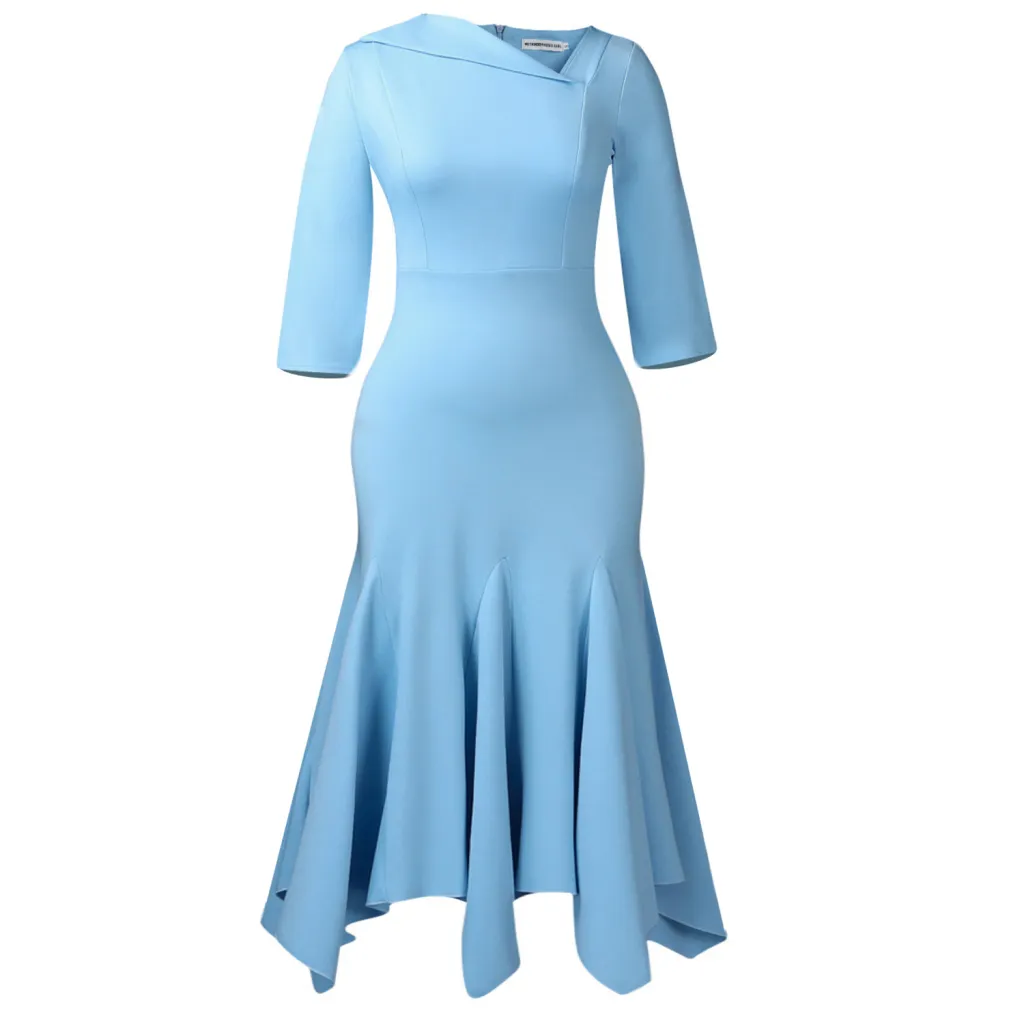 Diagonal Collar Solid Color High Waist Irregular Fishtail Skirt - Blue
