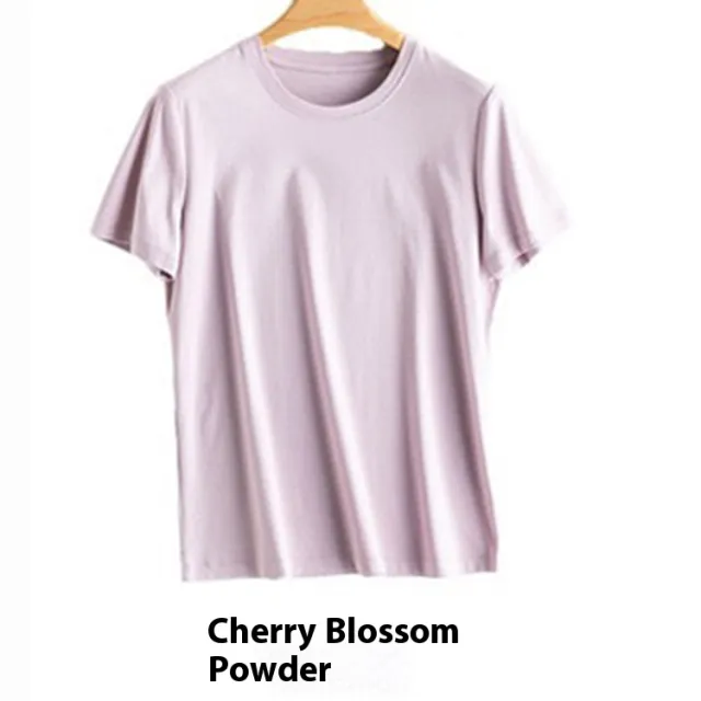 Mulberry Silk Women's Mercerized Cotton T shirt Fine Solid Color Round Neck Short Sleeves Cherry Blossom Powder - Shop at LoveMi