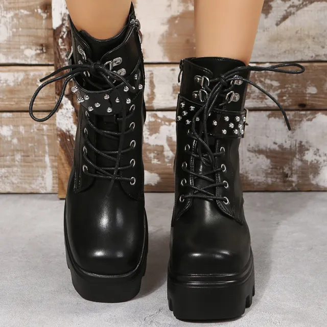 Fashion Round Toe Side Zipper Mid Heel Platform Leather Boots Black - Shop at LoveMi