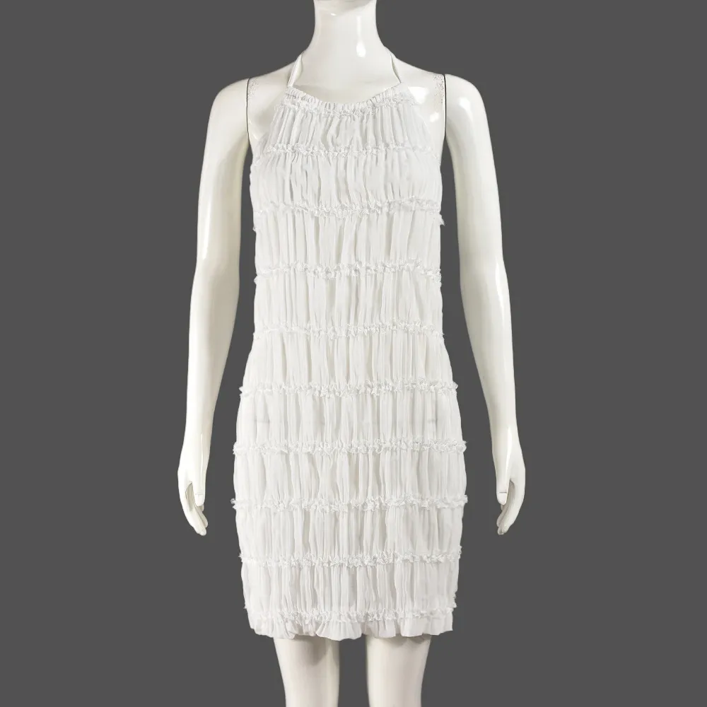 Pleated Straight Solid Color Sexy Chiffon Backless Halter Dress - White