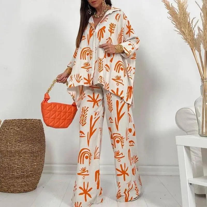 Plus Size Casual New Straight Pants Shirt Two-piece Set - Orange