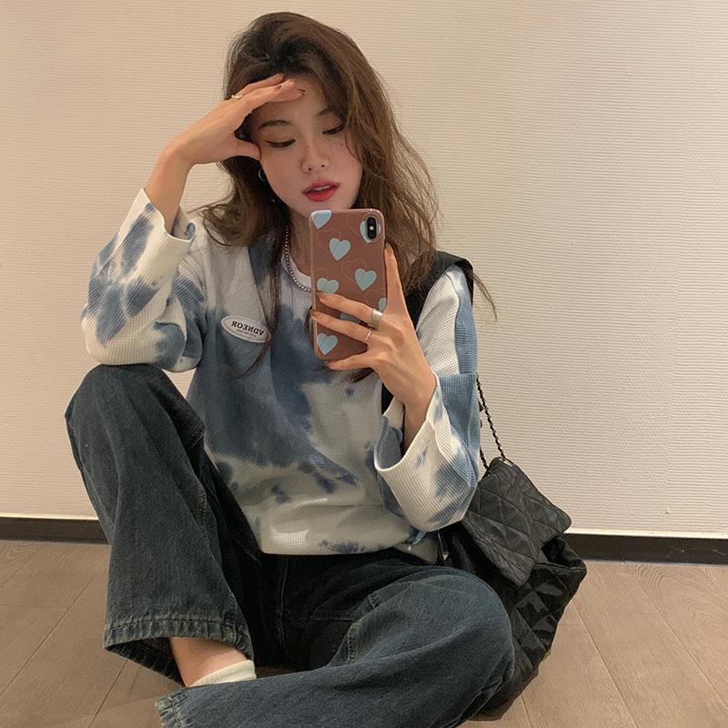 Personalized Tie-dyed Printed Letter Labeling Long-sleeved T-shirt Sweater