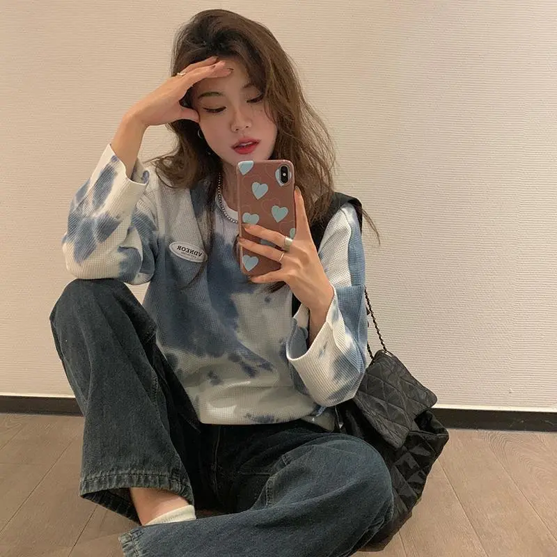 Personalised Tie-dyed Printed Letter Labeling Long-sleeved T-shirt Sweater - Blue