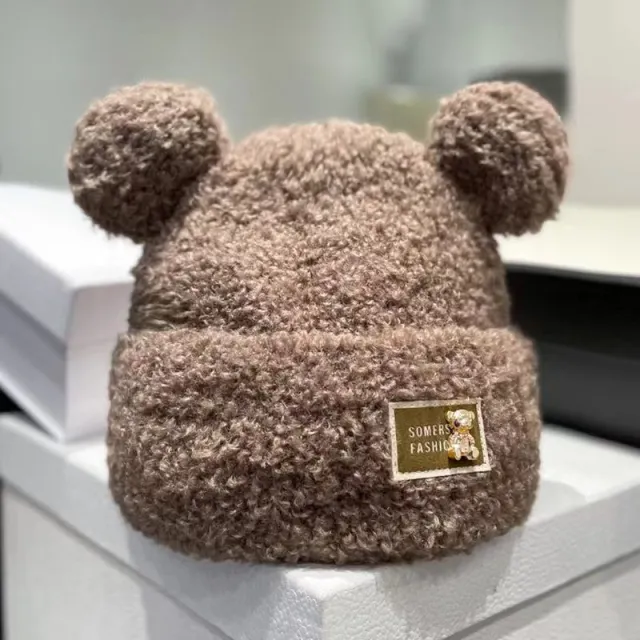 Winter Plush Bonnet Cute Bear Makes Face Look Smaller Metal Label Brown - Shop at LoveMi