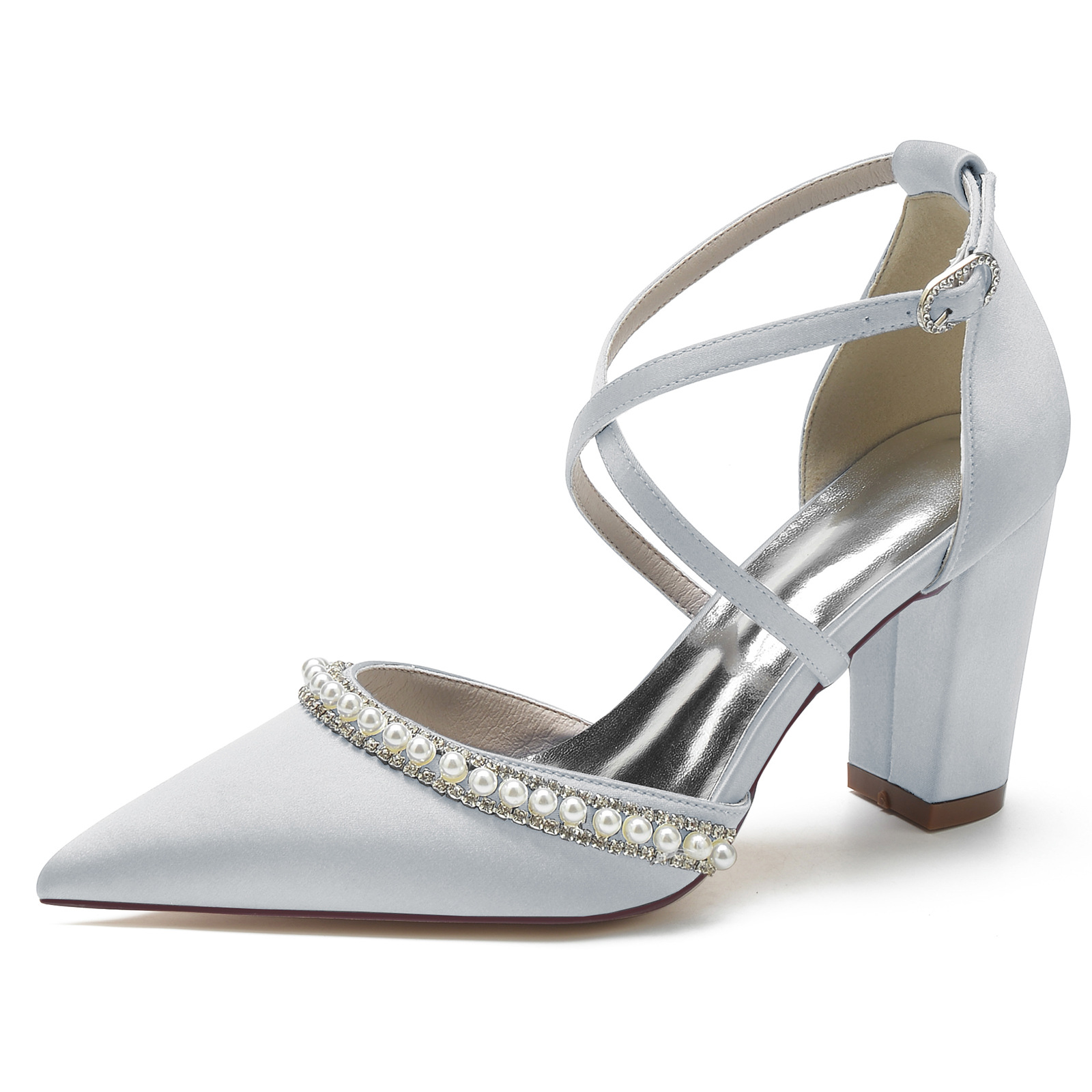 Title 38, Satijnen pumps met spitse neus, blokhak, strass...