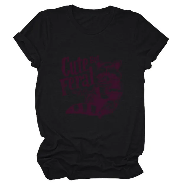 Guoli Printed Personality Round Neck Women's T shirt Black - Shop at LoveMi