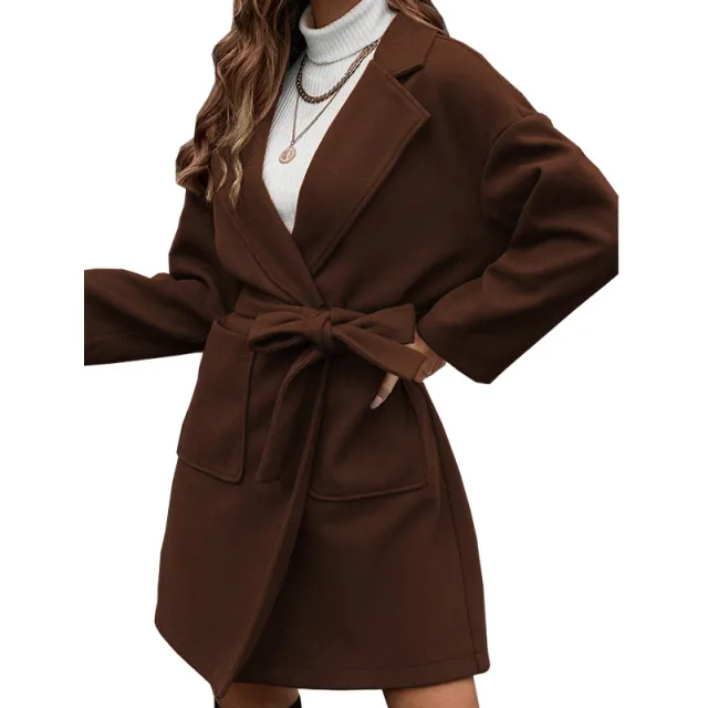 Minimalist Long Sleeve Lapel Button Split Belt Coat Brown - Shop at LoveMi