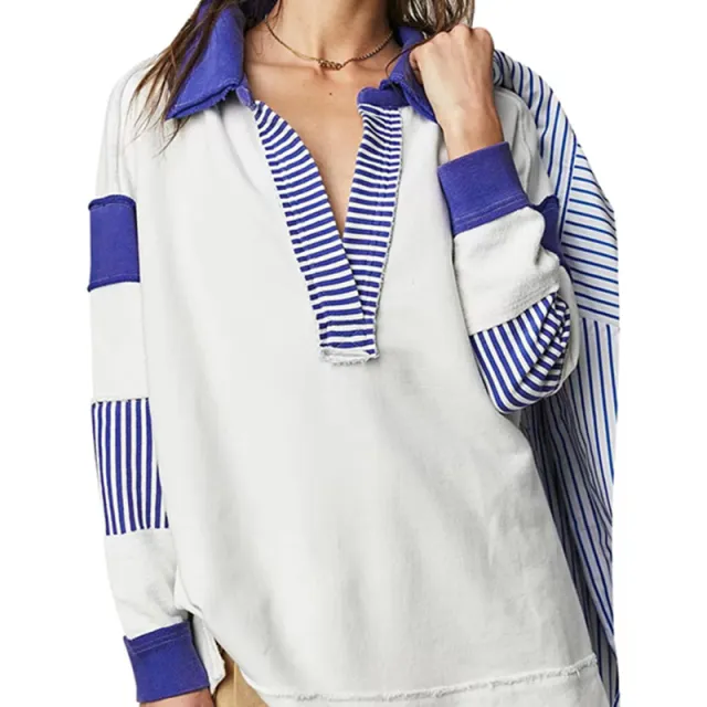 Loose V neck Casual Long Sleeve Pullover Split Patchwork Sweater White And Blue - Shop at LoveMi