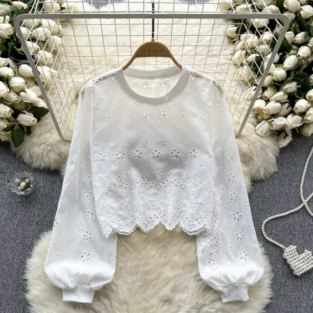 Hollow out Slim fit Short Age reducing Puff Sleeve Top White - Shop at LoveMi