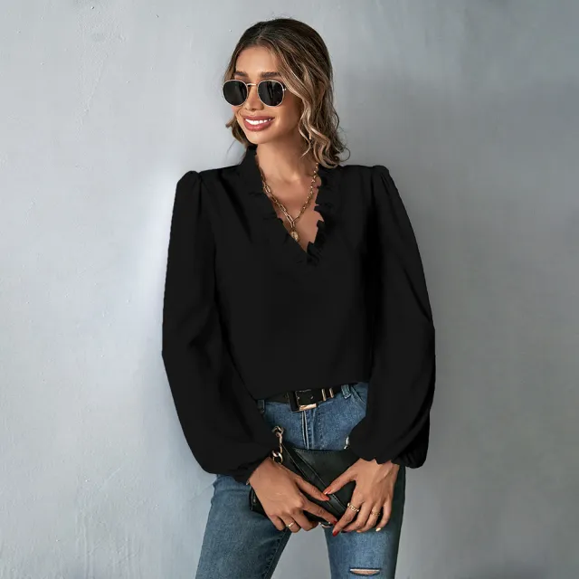 Ruffled V neck Loose Long sleeve Commuter Women's Shirt Black - Shop at LoveMi