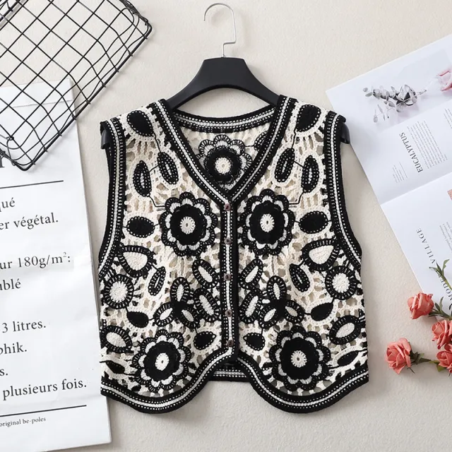 Spring Outdoor Irregular V neck Vest Female Hollow Embroidery Vest Jacket Cardigan Outerwear Top Black - Shop at LoveMi
