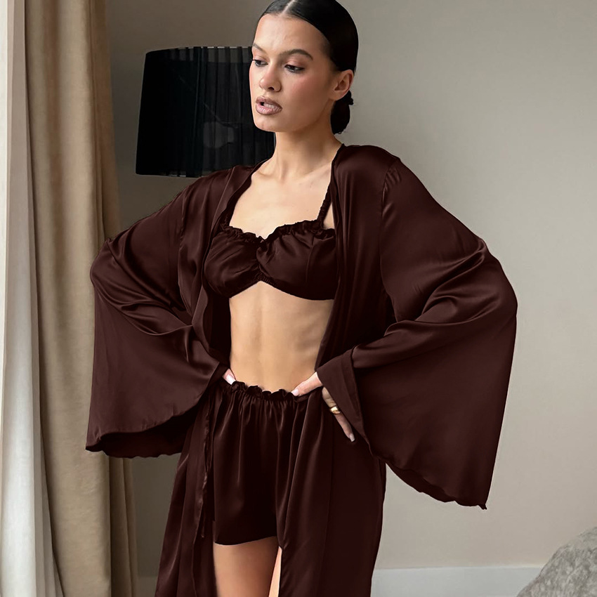 Brown Long-sleeve Underwear And Shorts Three-piece Pajama Set