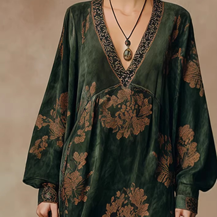 Retro Silhouette-printed Green Faux-suede Fringed Maxi Dress