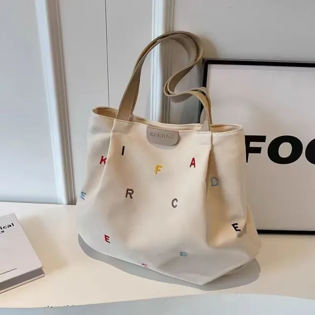 Embroidered Letter Handbag Solid Color Shoulder Tote Bag White - Shop at LoveMi