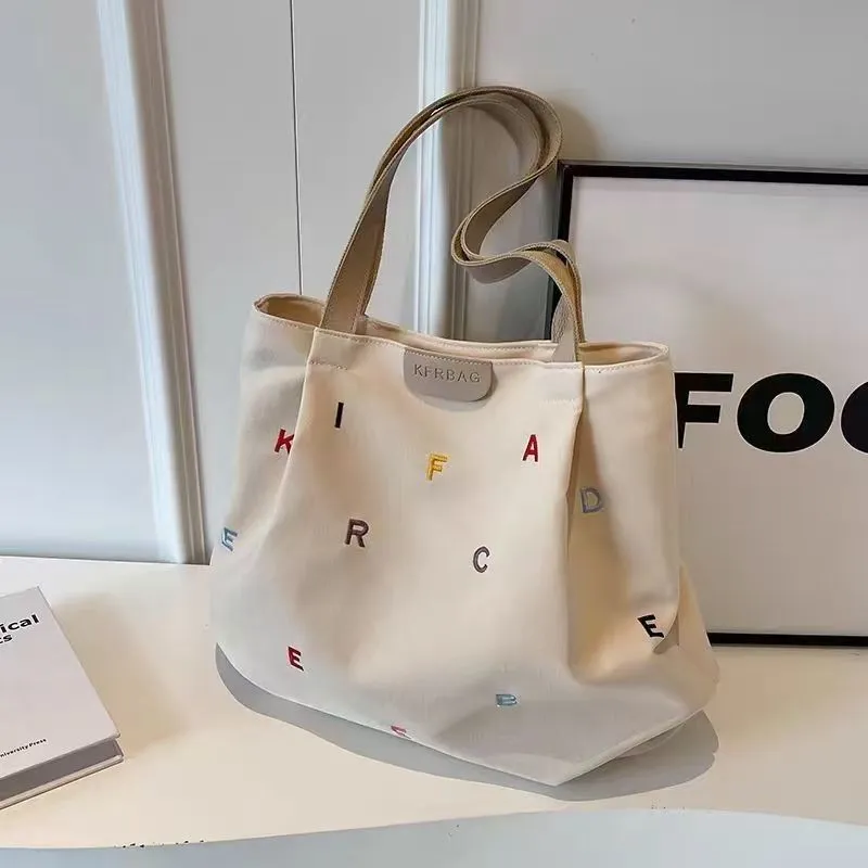 Embroidered Letter Handbag Solid Color Shoulder Tote Bag - White