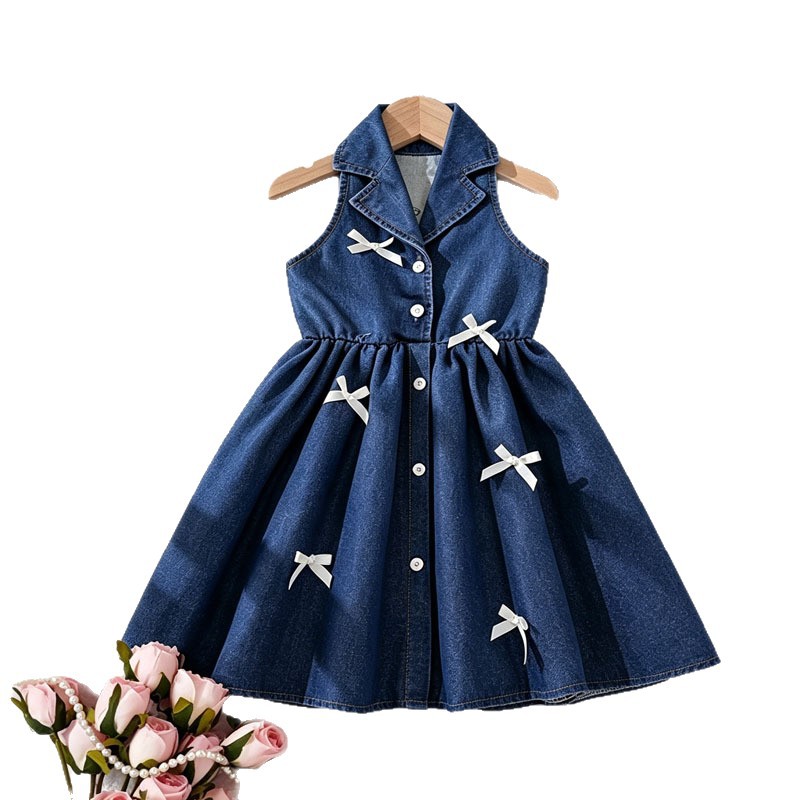Girls Denim Lapel-Style Dress Set