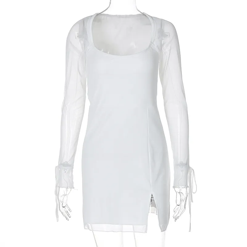 Mesh Slim-fit Slit Hip-wrapped Dress - White