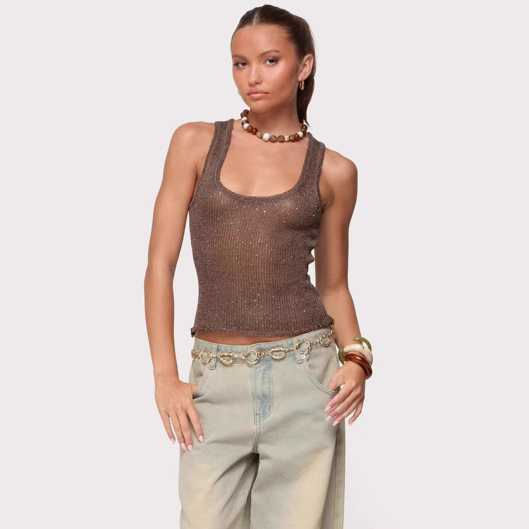 Shiny Deep V Solid Color Tank Top Fashionable Sexy Sheer Top