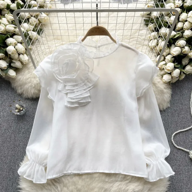 Sweet Ruffled Collar Pullover Puff Sleeve Chiffon Shirt White - Shop at LoveMi