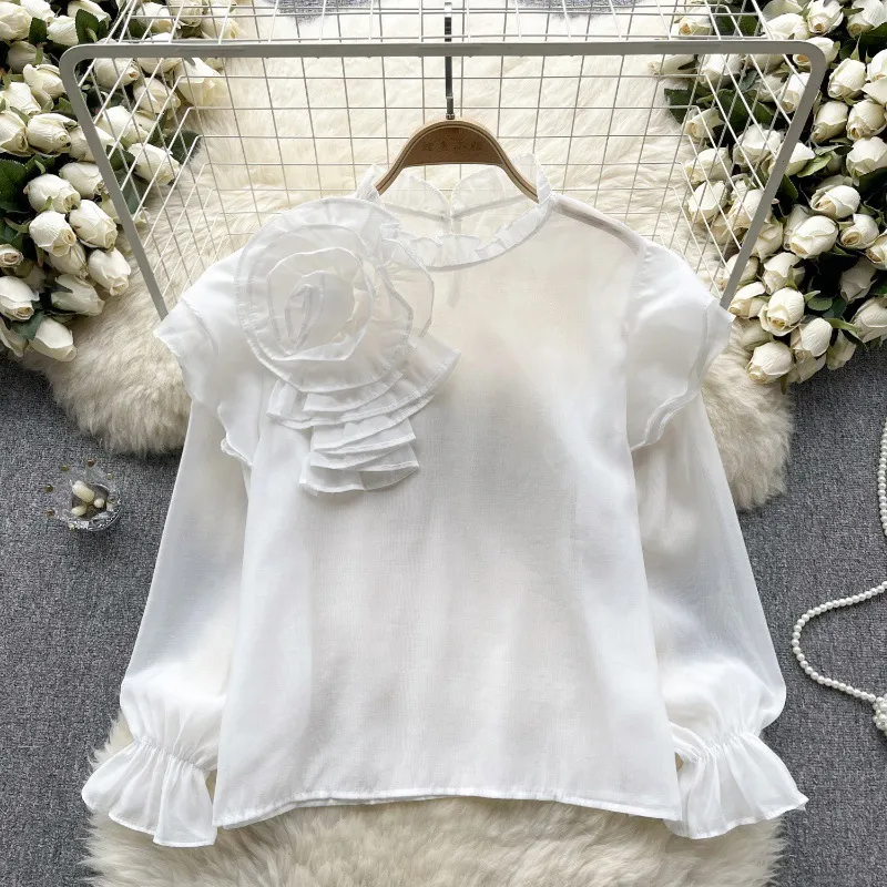 Sweet Ruffled Collar Pullover Puff Sleeve Chiffon Shirt - White