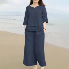 Casual Women Loose Solid Colour Shirt Trousers Suit - Dark Blue - View 1