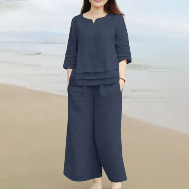 Casual Women Loose Solid Color Shirt Trousers Suit Dark Blue - Shop at LoveMi