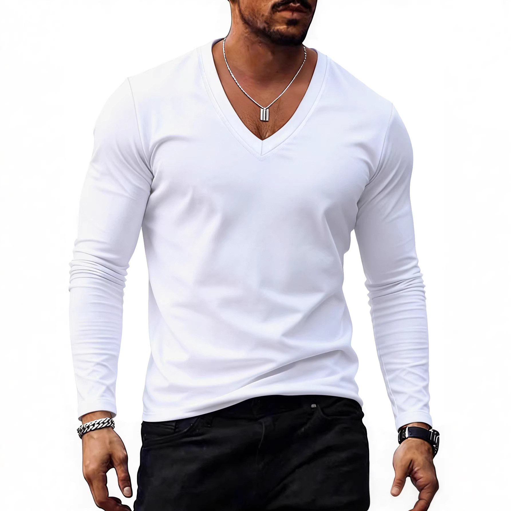 Mens Solid-Color Plus-Size Casual V-Neck T-Shirt