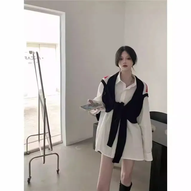 Korean Style Long Sleeve Shirt Cartoon Shawl Sweater Two piece Vest Set White Shirt - Shop at LoveMi