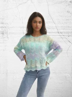 European And American Long Sleeve Round Neck Mohair Gradient Rainbow Sweater - Green - View 1