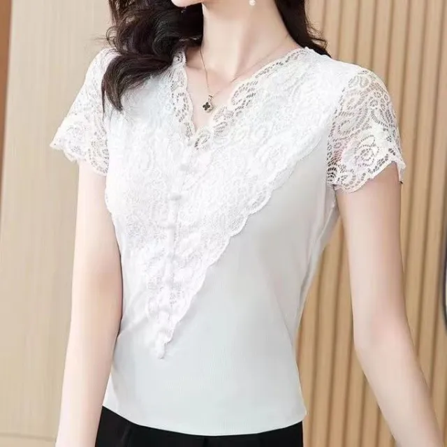 Lace V neck Short Sleeve Temperament Slimming Top White - Shop at LoveMi