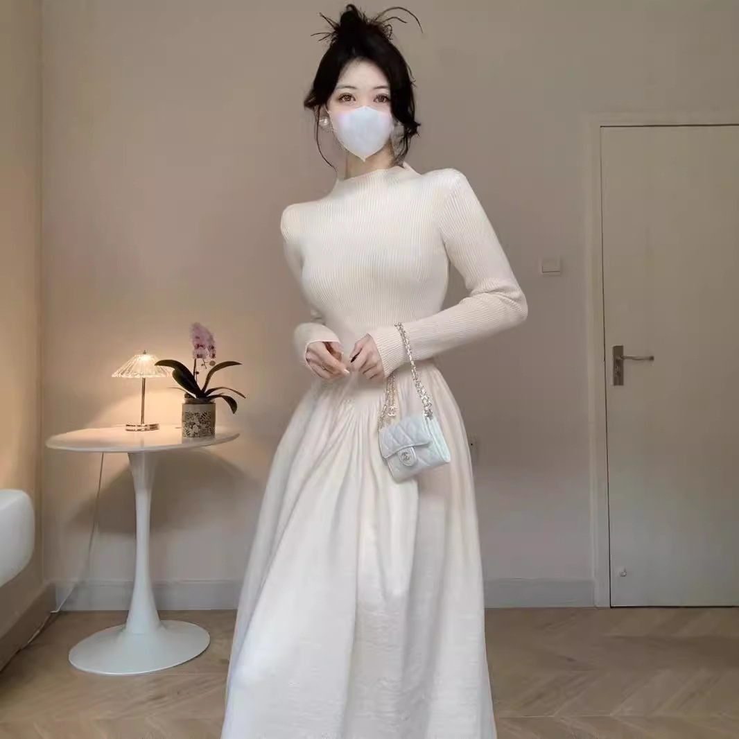 名媛风气质半高领针织连衣裙秋冬女装长款内搭收腰显瘦A字裙子