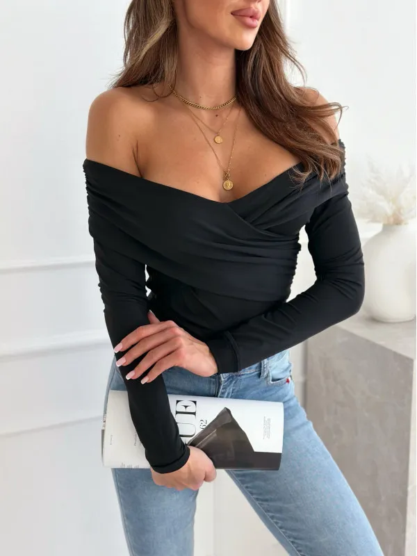 Women's Fashion Shoulder baring Long sleeved T shirt Black - Shop at LoveMi