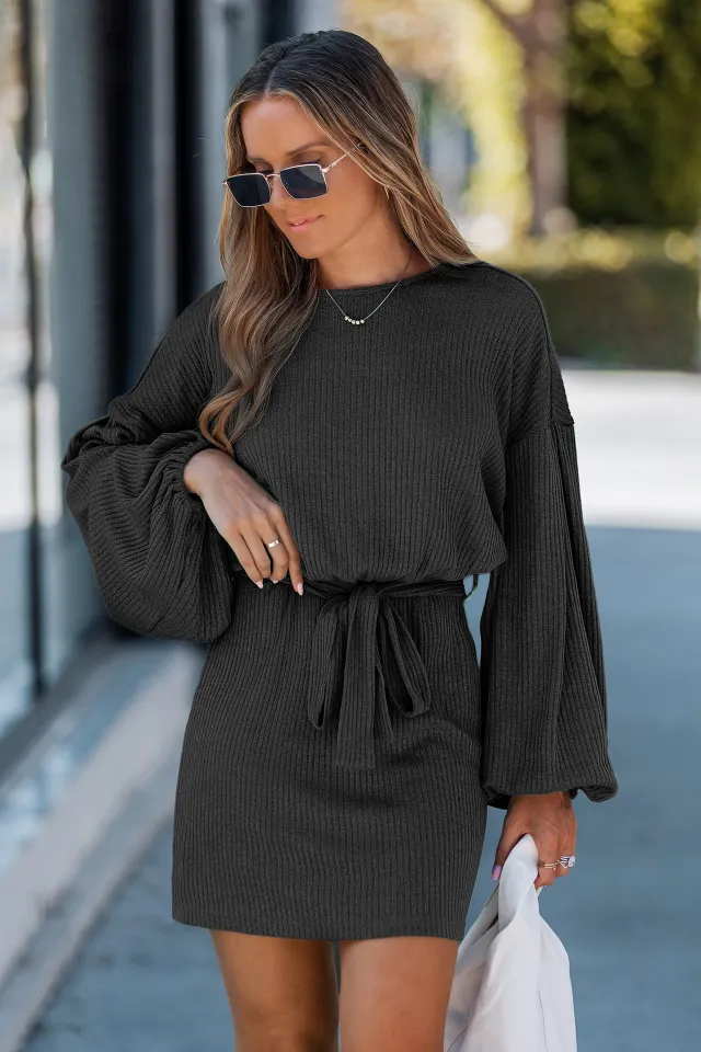 Arrival Decorative Long Sleeve Rib Knit Dress With Belt Black - Shop at LoveMi