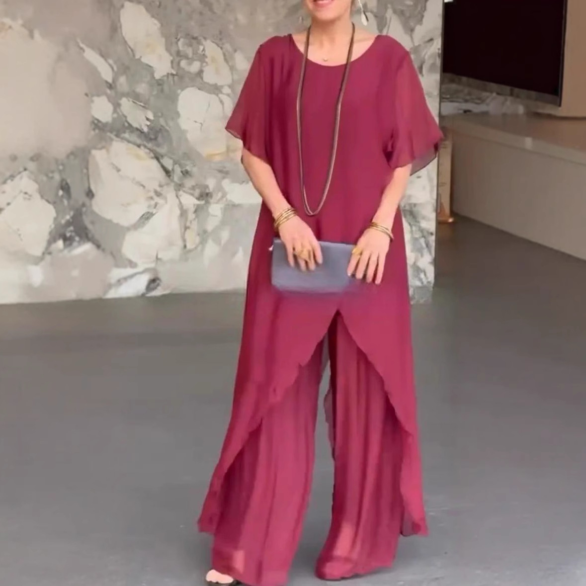 Women's Long Irregular Top Loose Trousers Suit