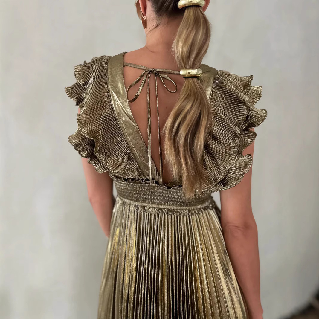 Summer New Women's Pleated Sexy V-neck Waist Dress