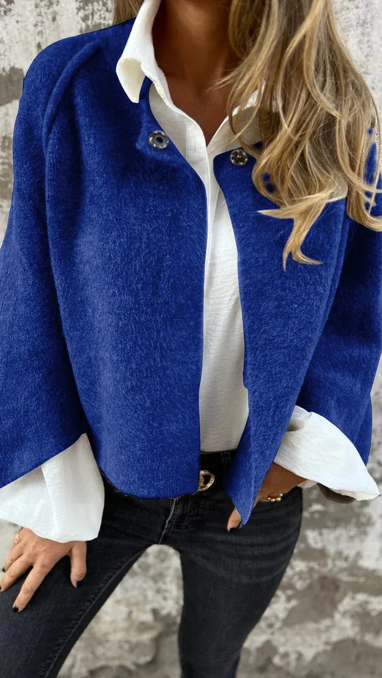 Women's Batwing Sleeve Cardigan Ins Fashion Cropped Jacket Tops Autumn And Winter Loose Short Cashmere Coat - Blue