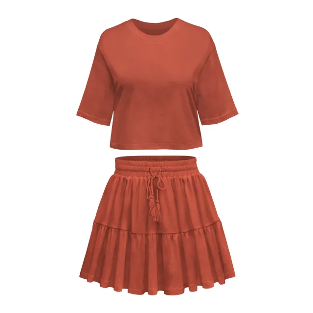 Short Sleeve Loose Crew Neck Top Suit Brick Red - Shop at LoveMi